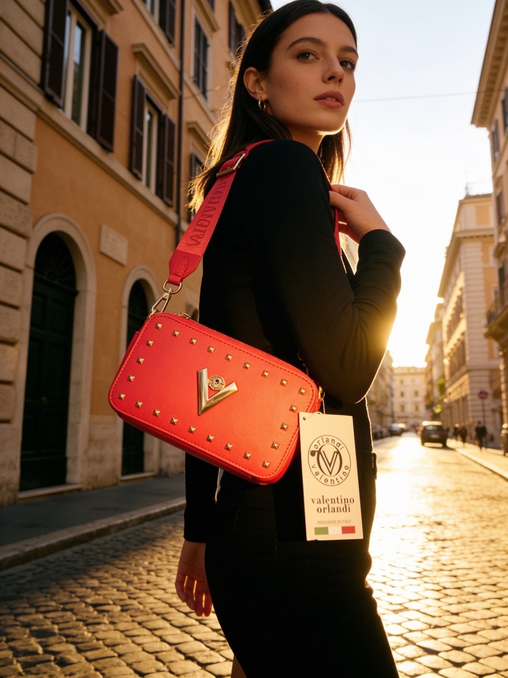 Valentino Orlandi Coral-Red Studded Shoulder Bag